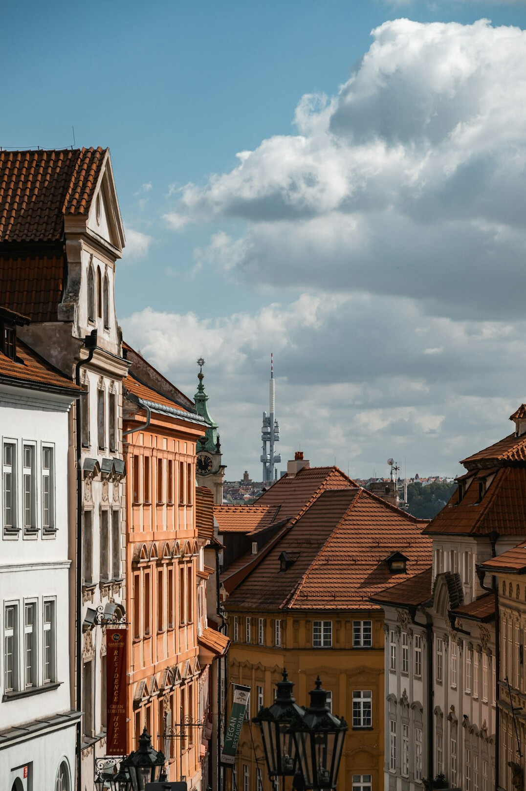 Colourful historic townhouses on an old town street in Central Europe