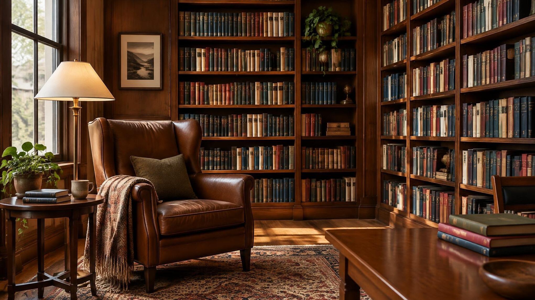 Shelves with rows of hardcover books in a quiet reading room